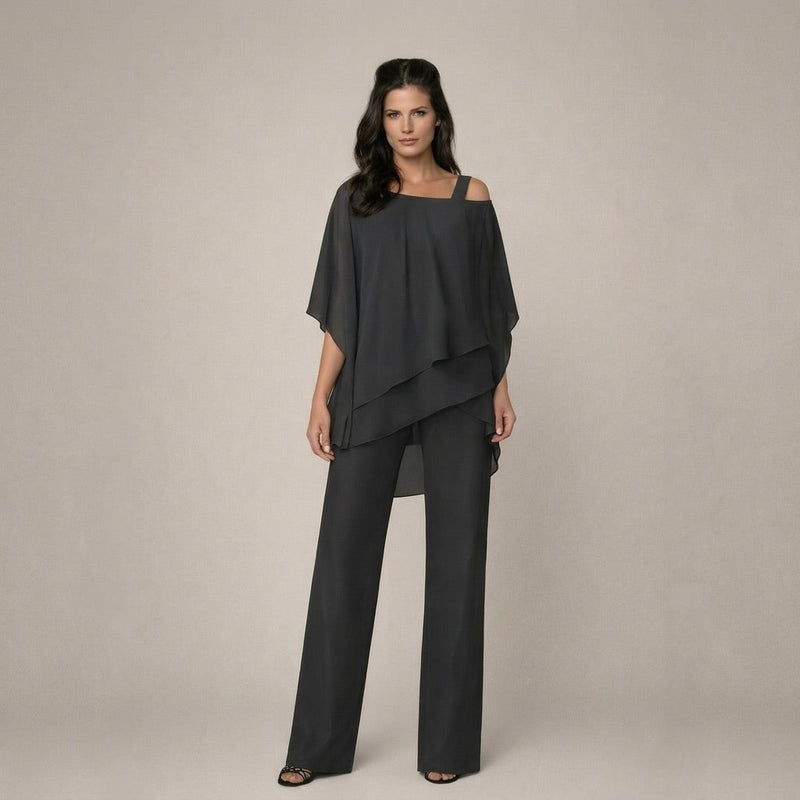 Front view of the Celeste black off shoulder wide leg pants set showing asymmetric draping detail