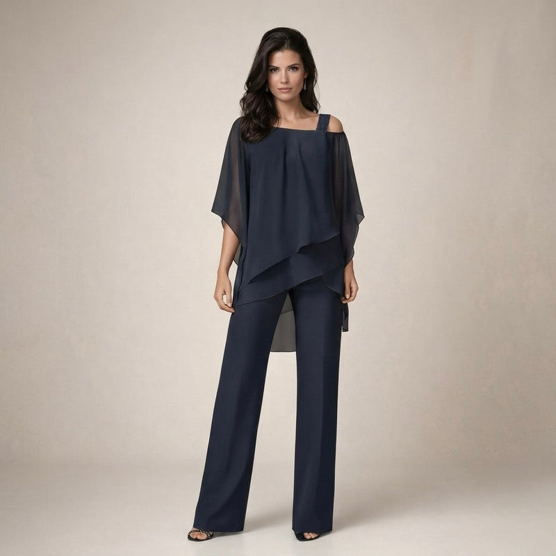 Full-length side view of the Celeste blue wide leg pants set highlighting the flowing silhouette