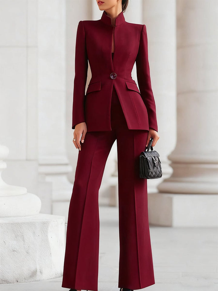 Back view of the Celeste blazer and wide leg pants set showing the tailored silhouette