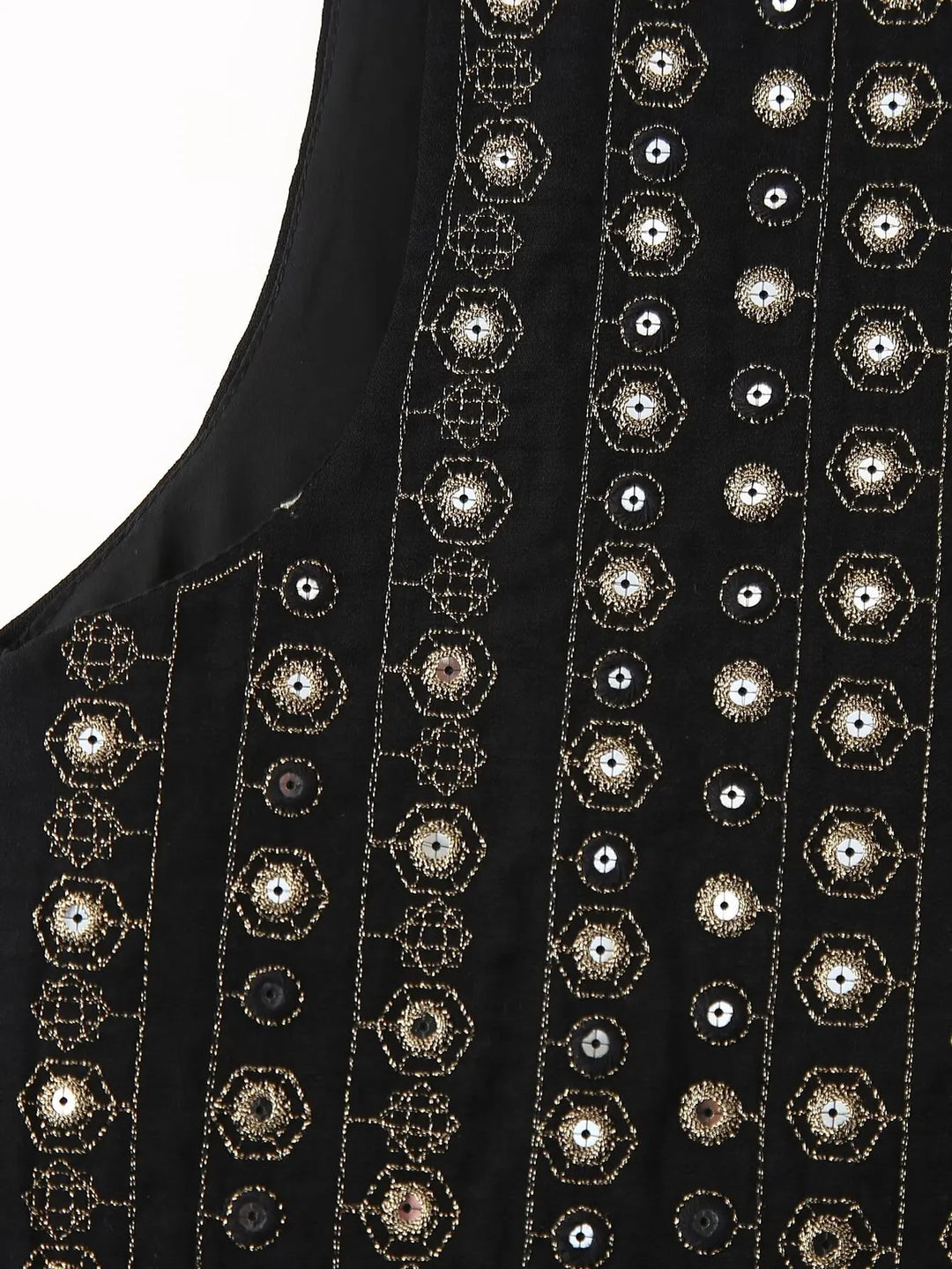 Flat lay of black sequin boho vest displaying full embroidery pattern