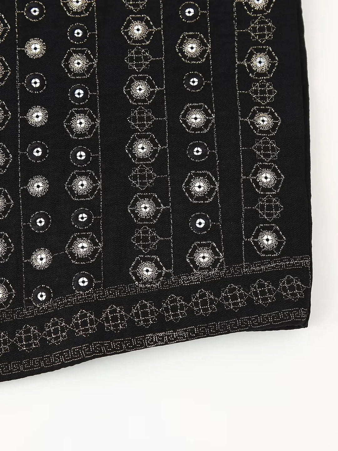Detail shot of sequin and embroidery texture on black boho vest