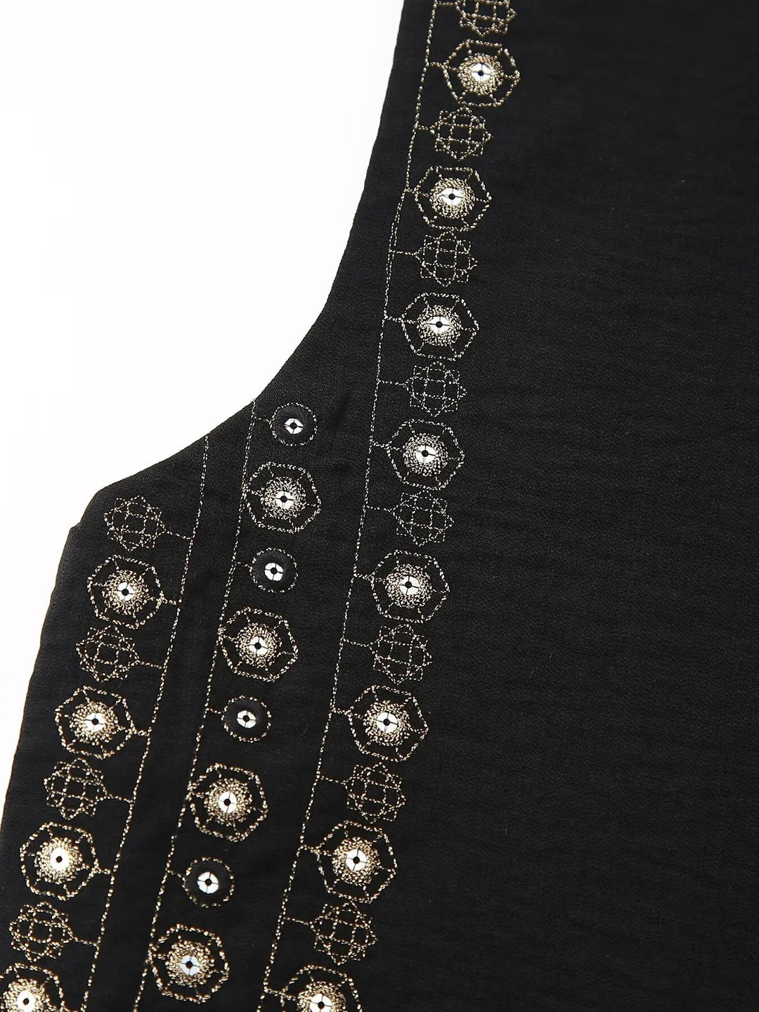 Full-length shot of model in black sequin boho vest over flowy dress