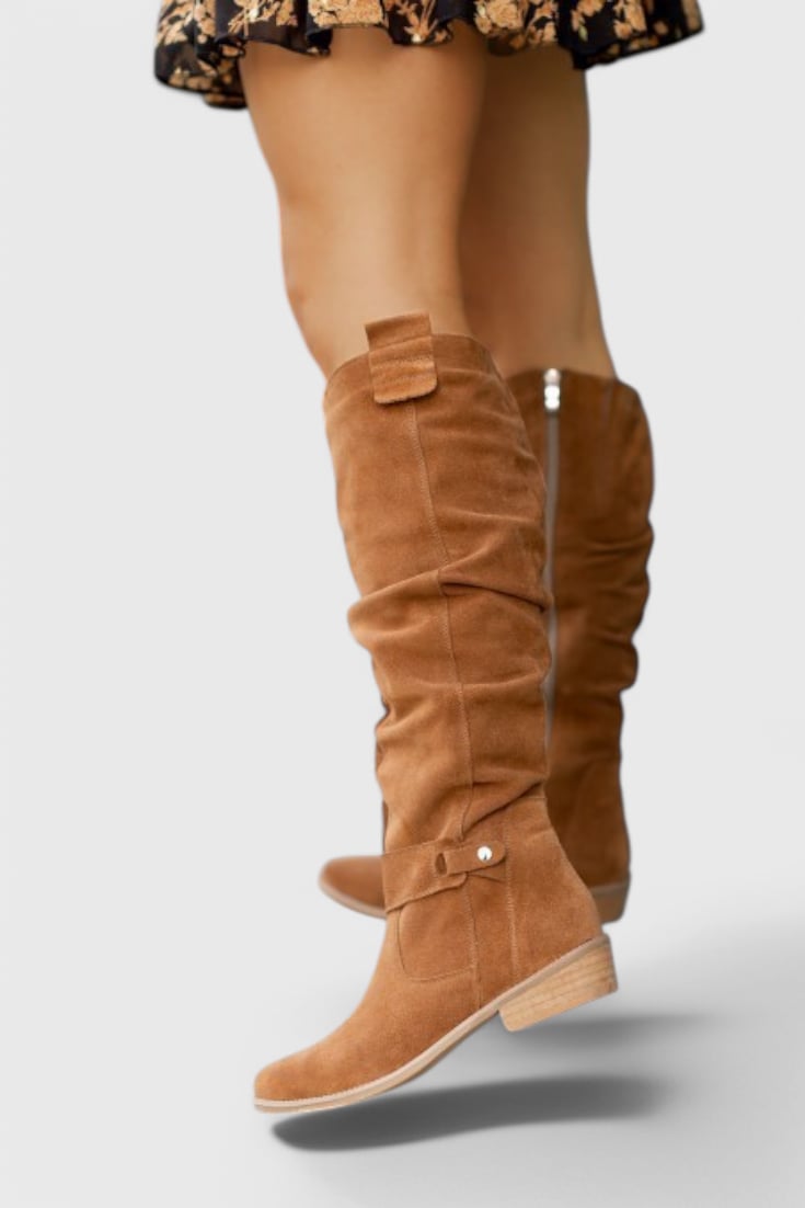 Side profile of retro-inspired high boots showing vintage detailing and high-boot shaft