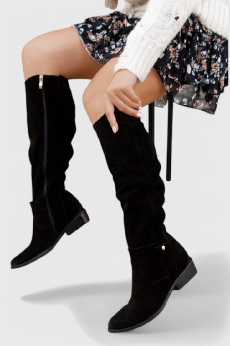 Retro high boots in black styled with a midi skirt for a vintage-inspired look