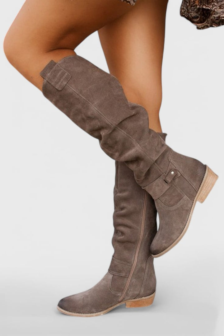 Florimay Celine high boots in grey showcasing the snug, secure fit around the leg