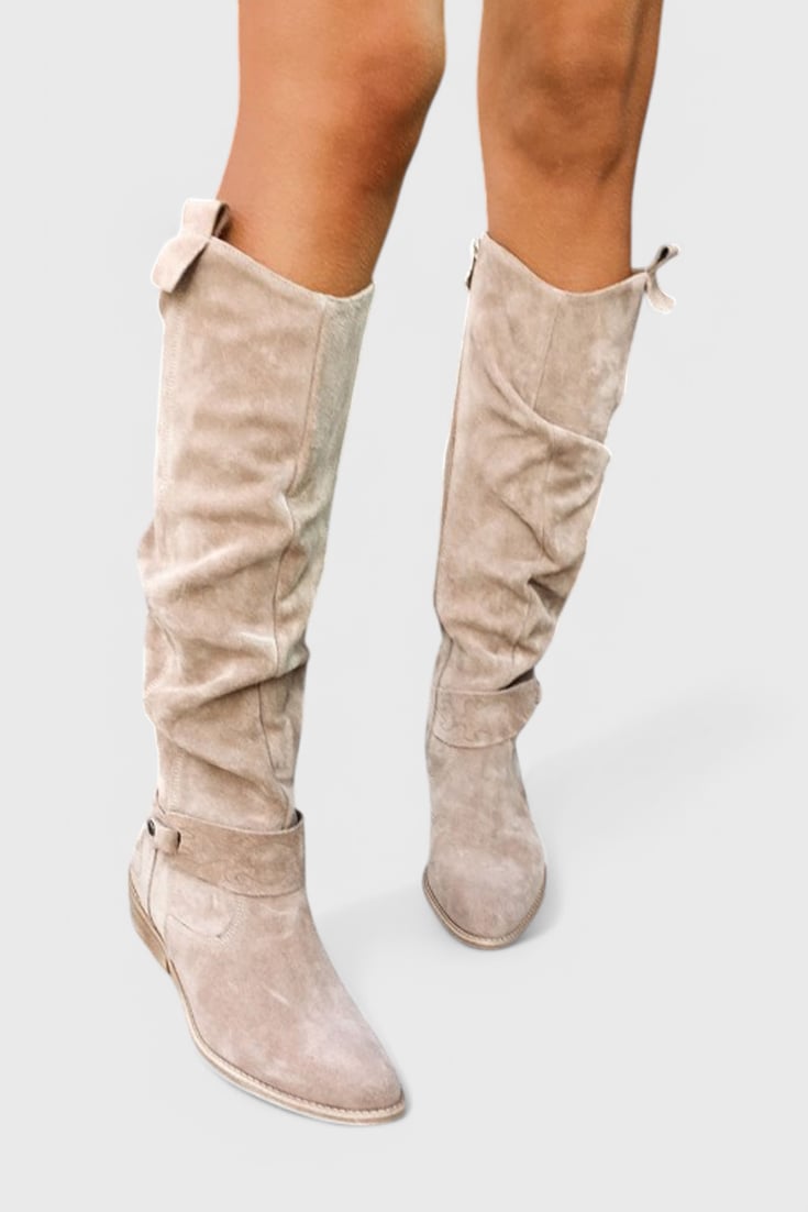Overhead flat lay of all five color options of the Florimay retro-inspired high boots