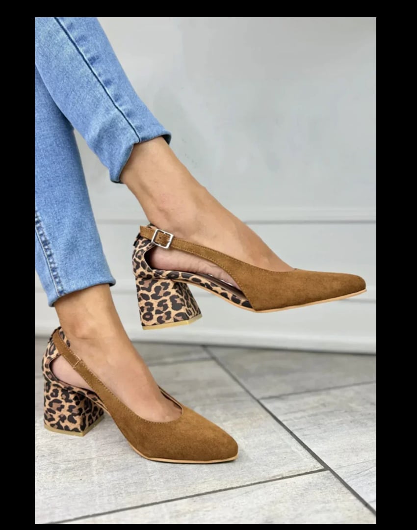 Light brown leopard print pointed-toe slingback heels with a secure open-back strap, shown from a front three-quarter angle