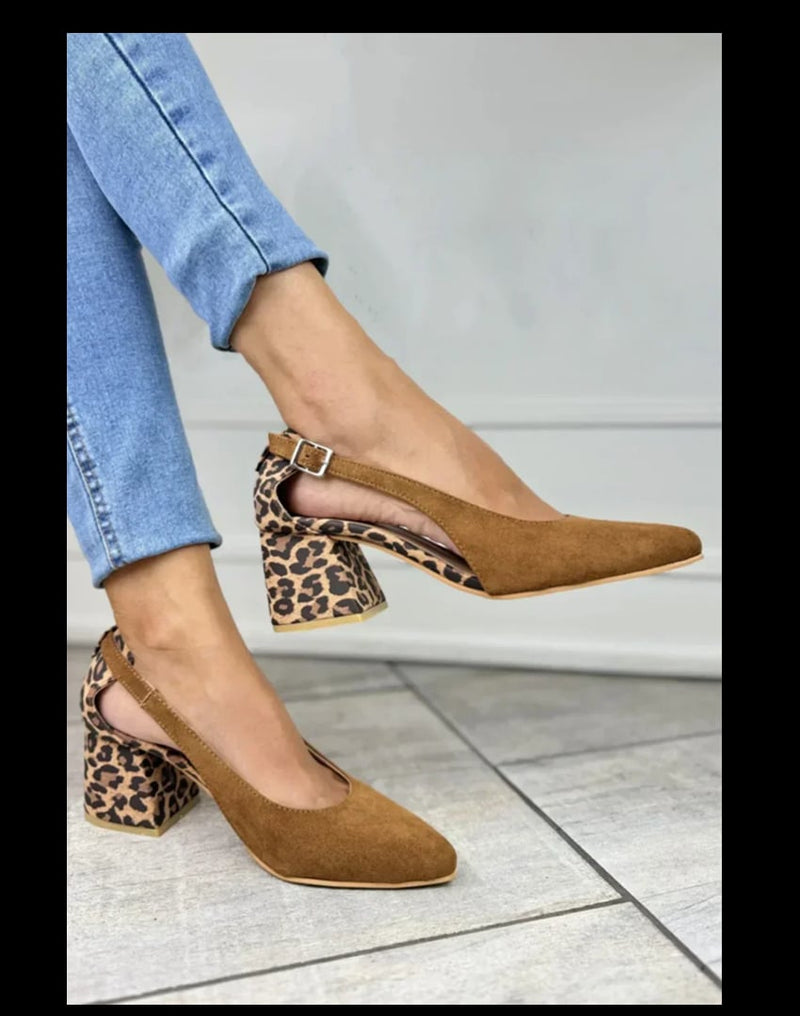 Light brown leopard print pointed-toe slingback heels with a secure open-back strap, shown from a front three-quarter angle