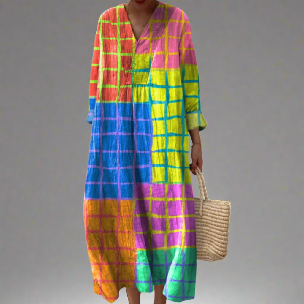 Model wearing a flowing geometric-print dress with a relaxed waist fit in an elegant modern silhouette