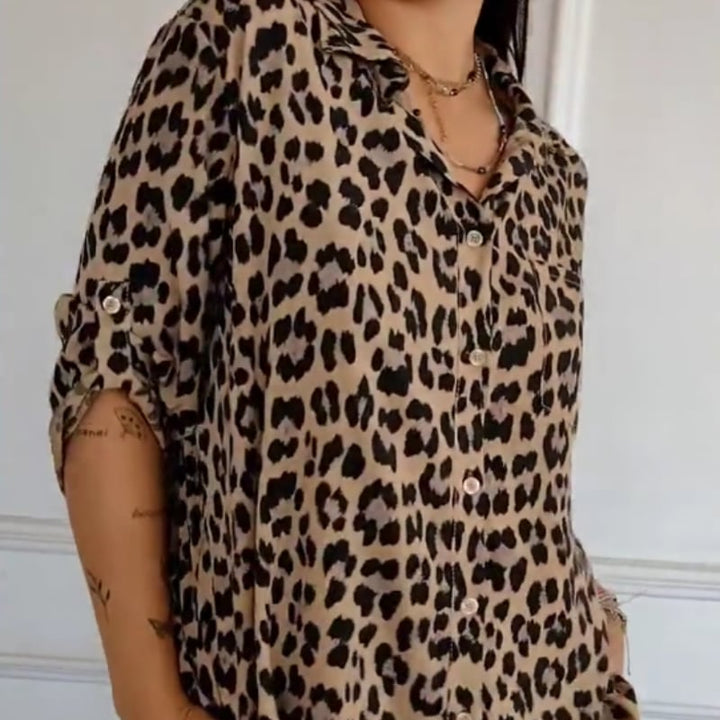 Side view of a leopard print blouse showing relaxed cut and lightweight fabric drape