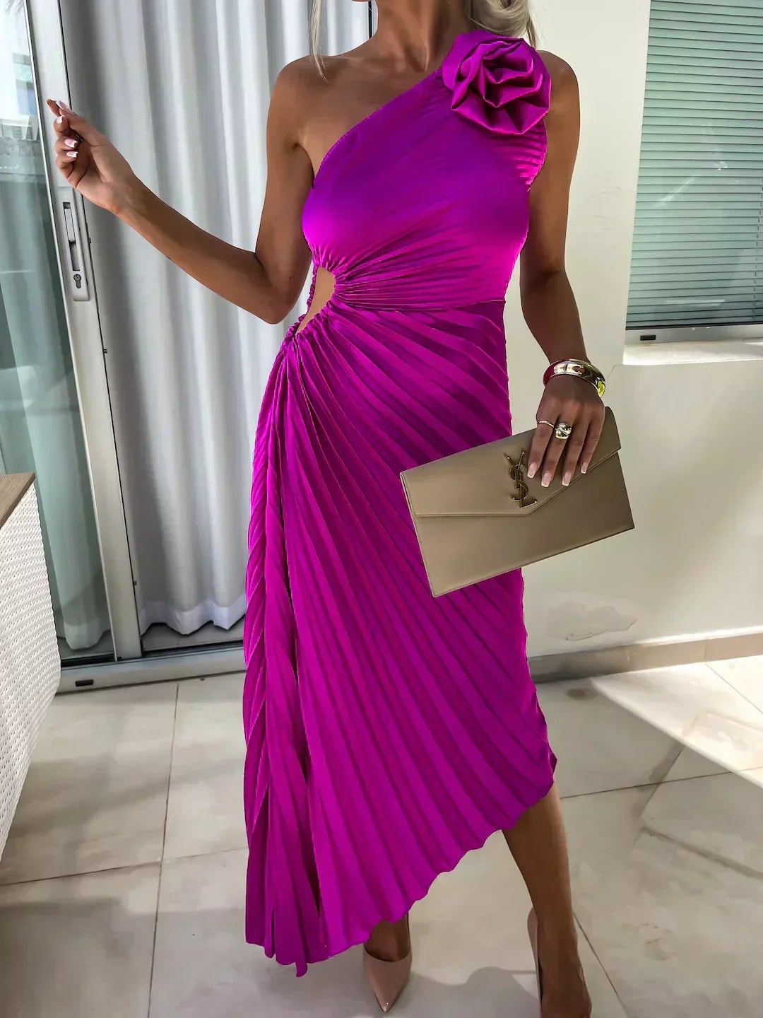 Side view of the Charlotte floral draped dress in red showing the elegant drape and silhouette