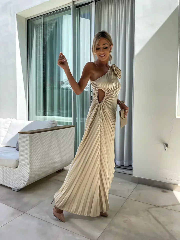 Front view of the Charlotte flowy draped dress in green highlighting the feminine floral print