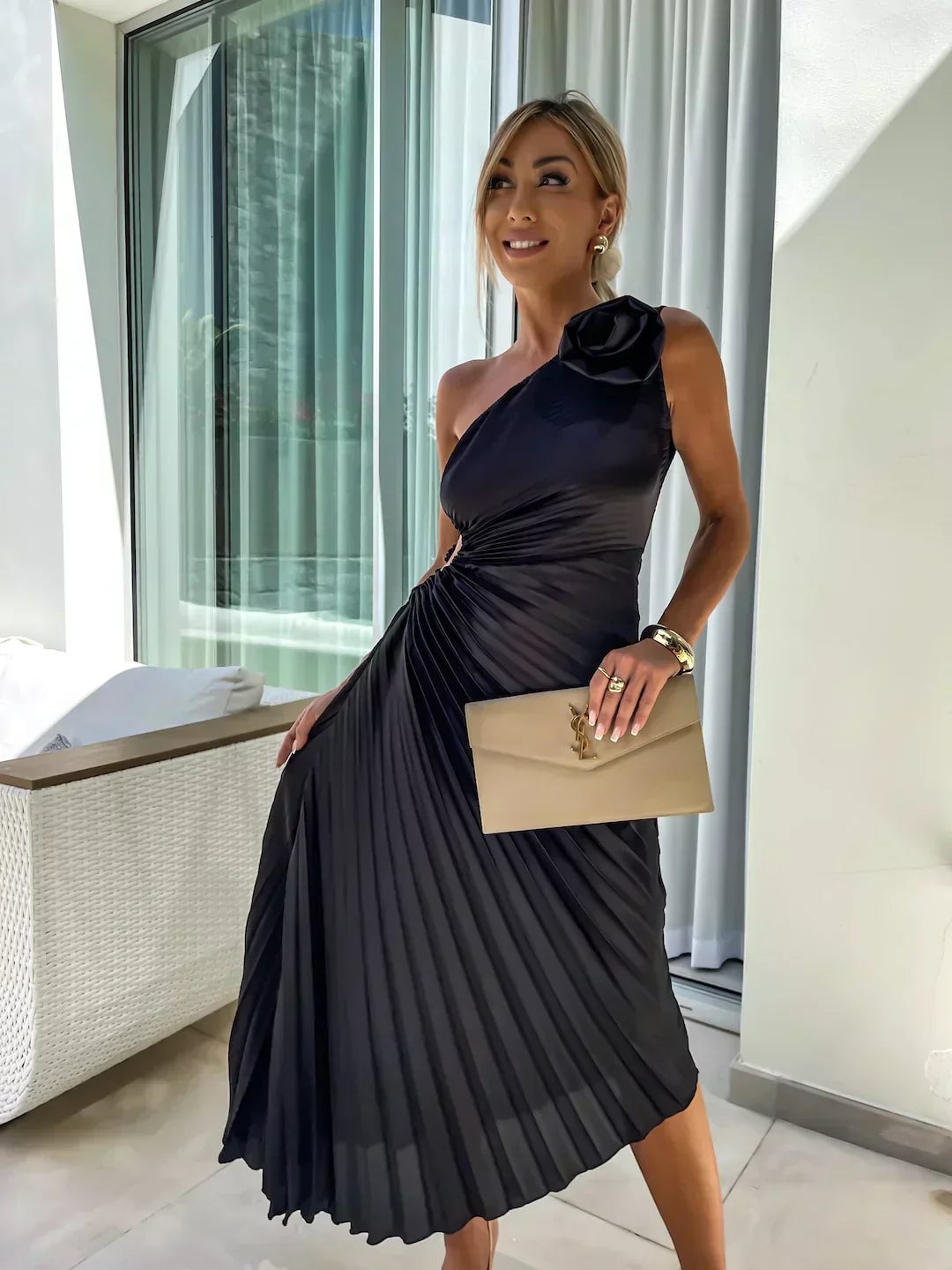 Full-length front view of the Charlotte dress in beige showing the flowing silhouette
