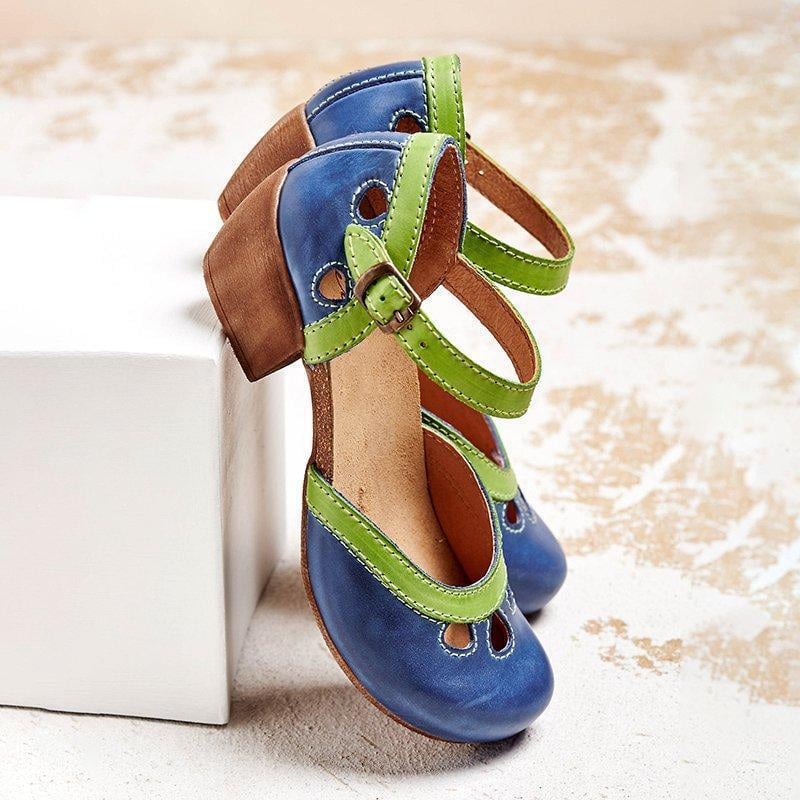 Charlotte orthopedic low heel sandals in blue with contoured footbed and adjustable straps, front view