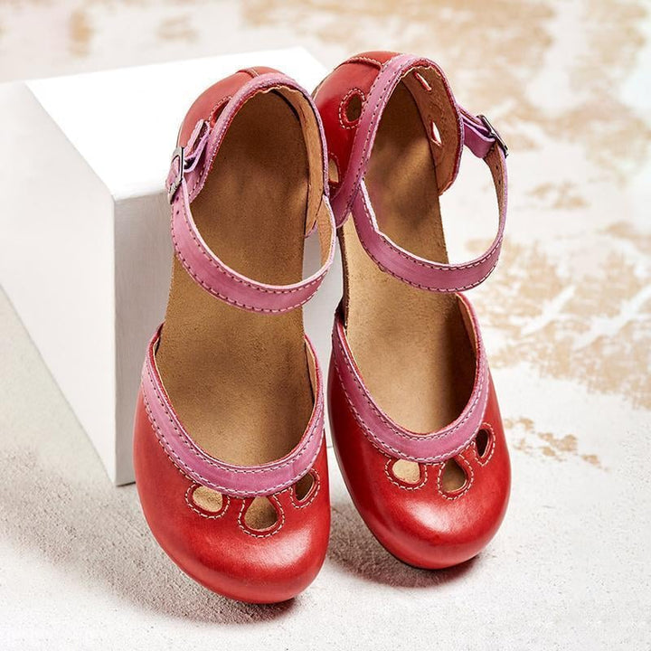 Charlotte women's low heel sandals in red with adjustable strap closure, three-quarter view