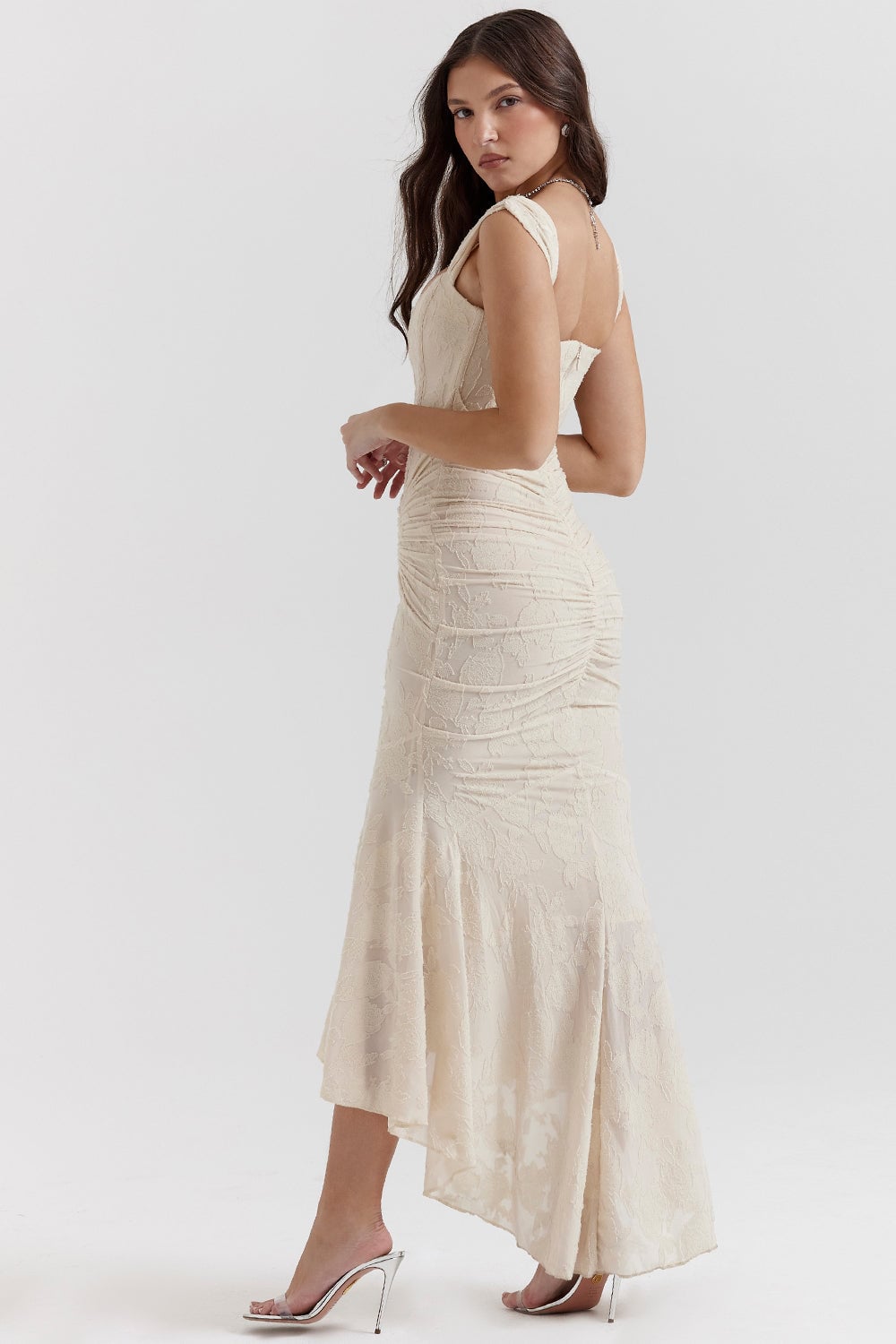 Charlotte evening dress in pink showing smooth silhouette and sleeveless cut