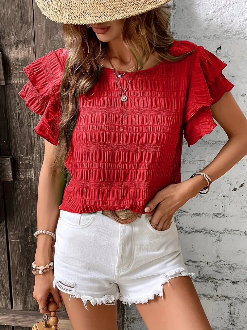 Front view of women's ruffle sleeve blouse in purple showing pleated fit and feminine styling