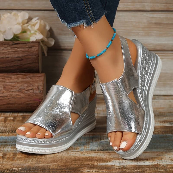 Cheryl orthopedic sandals with shiny star pattern detail in silver, side profile view
