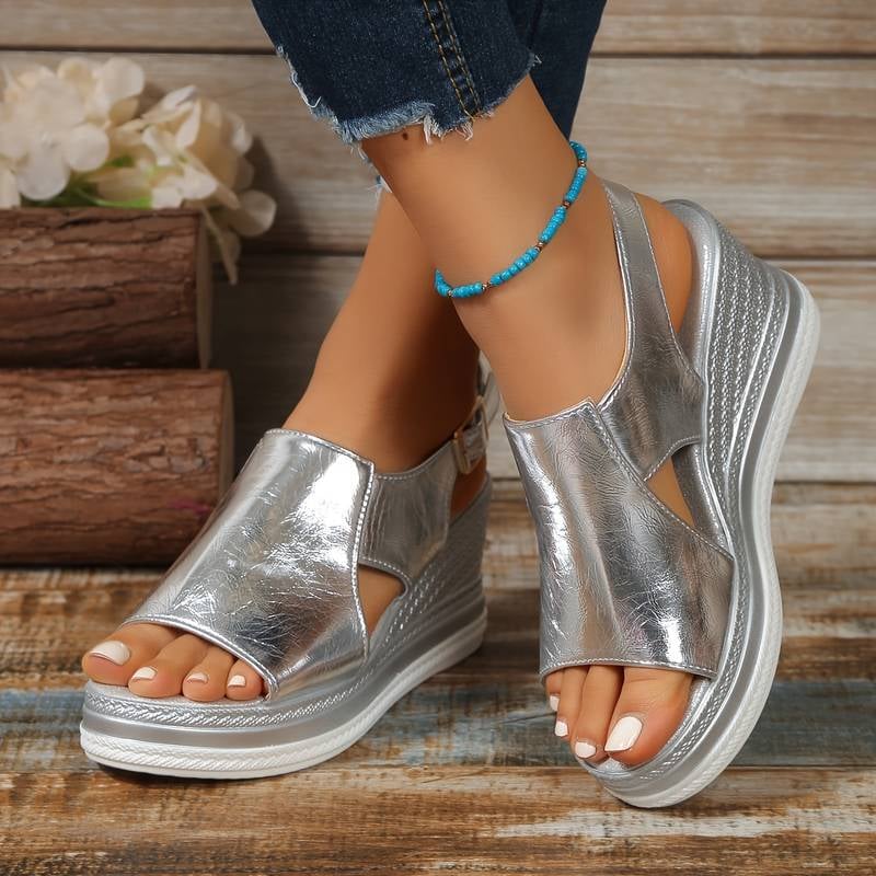 Cheryl orthopedic sandals with shiny star pattern detail in silver, side profile view