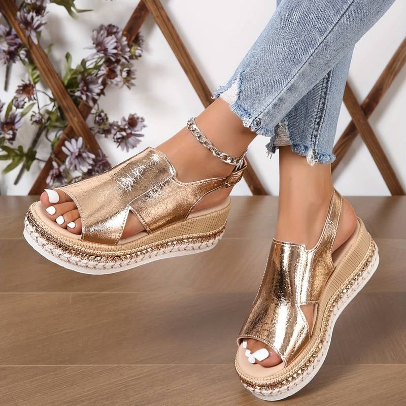 Cheryl orthopedic sandals in gold colorway, front three-quarter view