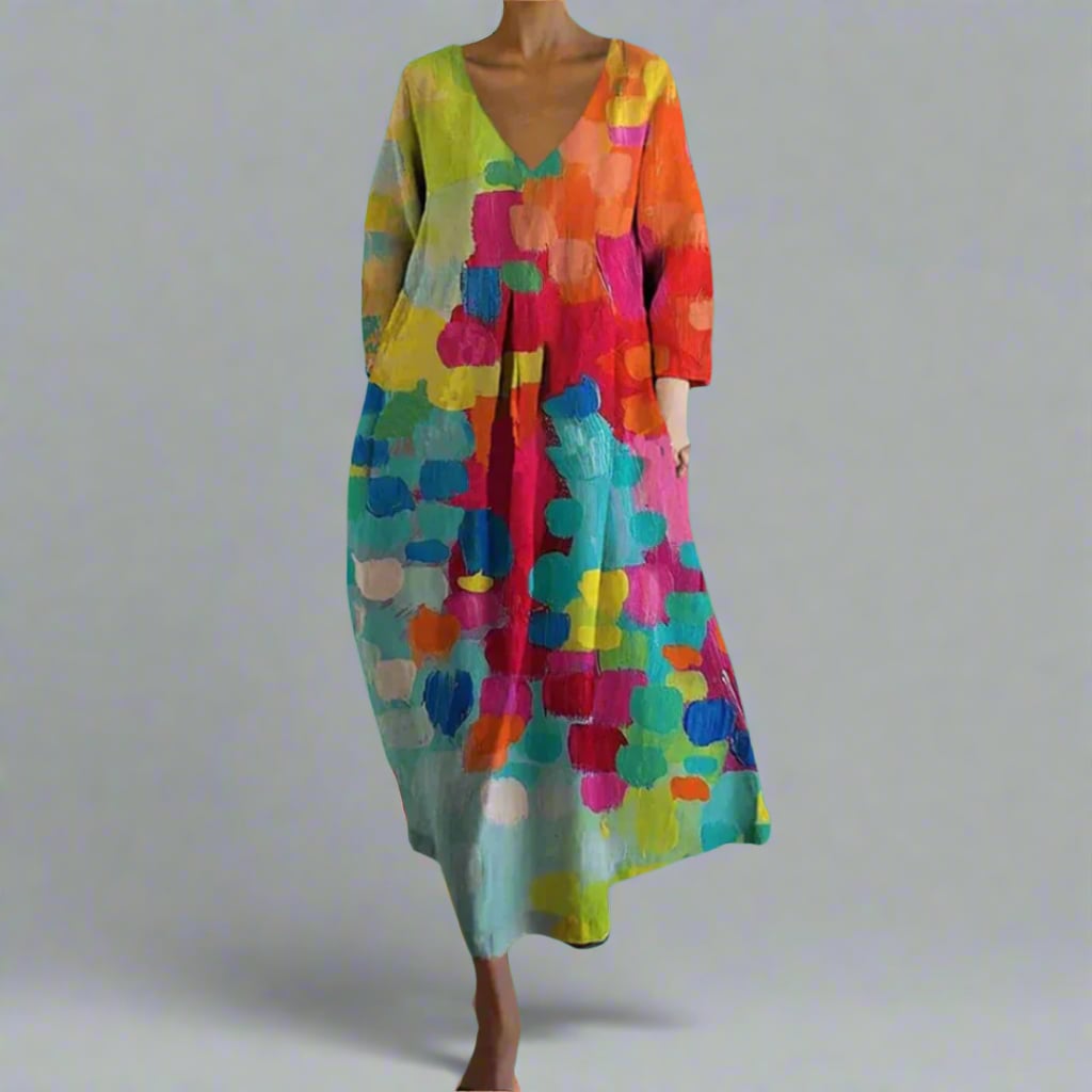Woman wearing a colorful multicolor all-over print V-neck dress with a relaxed fit