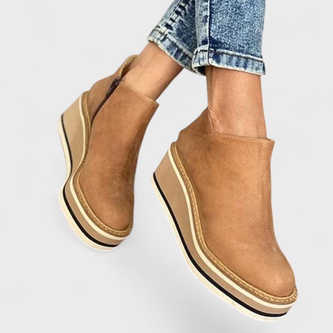Chloe elegant waterproof shoe in khaki showing side profile with polished rounded toe design