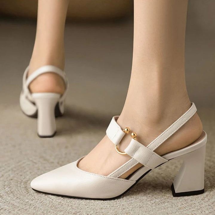 Close-up of Christina orthopedic heels showing cushioned footbed and non-slip sole detail