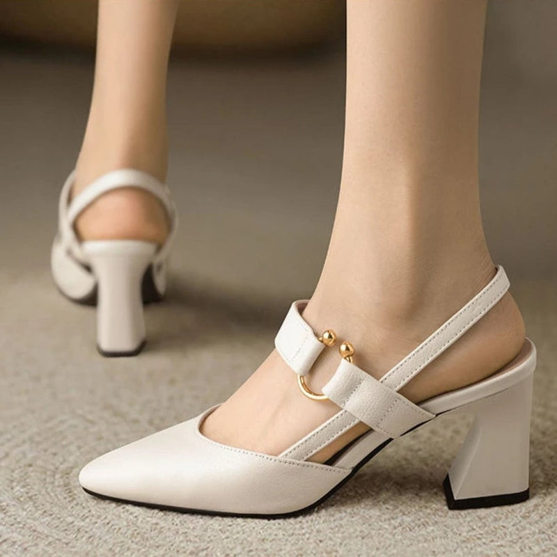 Close-up of Christina orthopedic heels showing cushioned footbed and non-slip sole detail