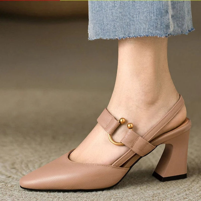 Side profile of Christina orthopedic comfort heels in apricot highlighting balanced heel height