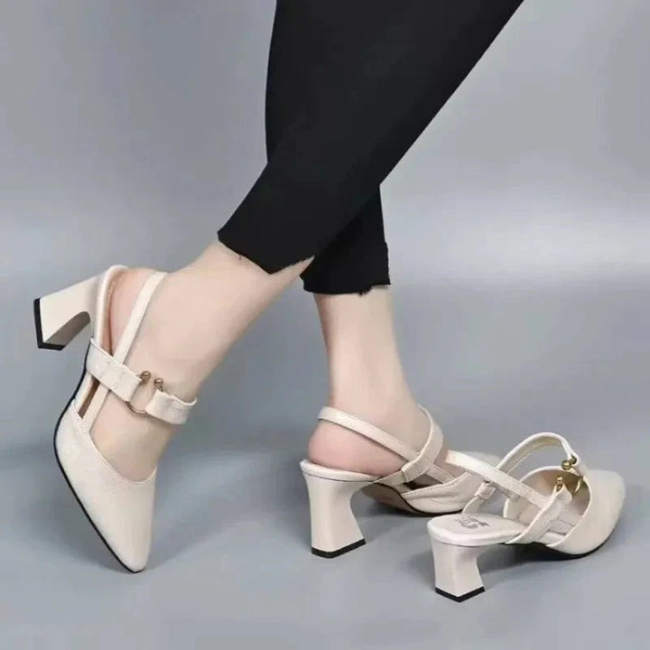 Top-down view of Christina orthopedic heels showing arch support footbed construction