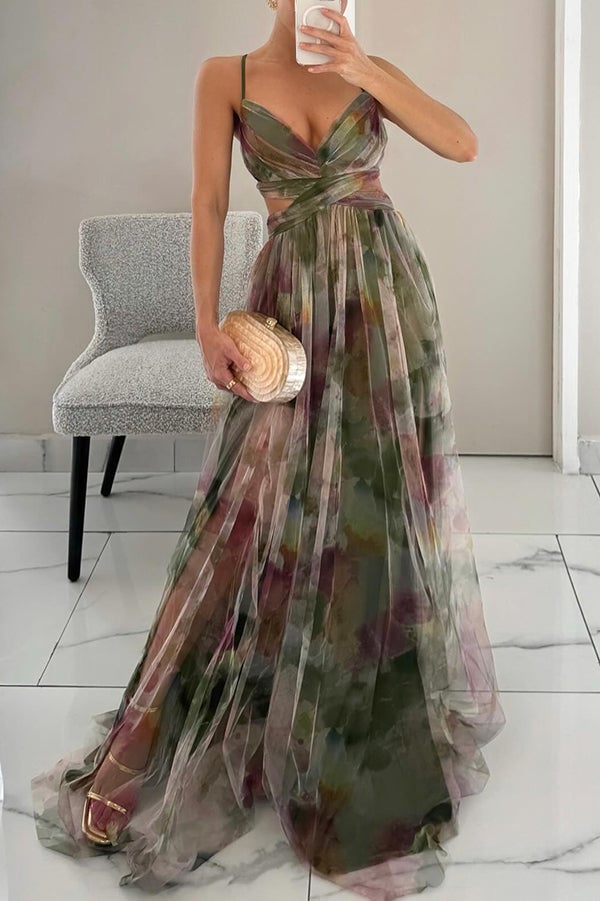 Close-up of the hem and skirt movement of the lightweight floral print maxi dress