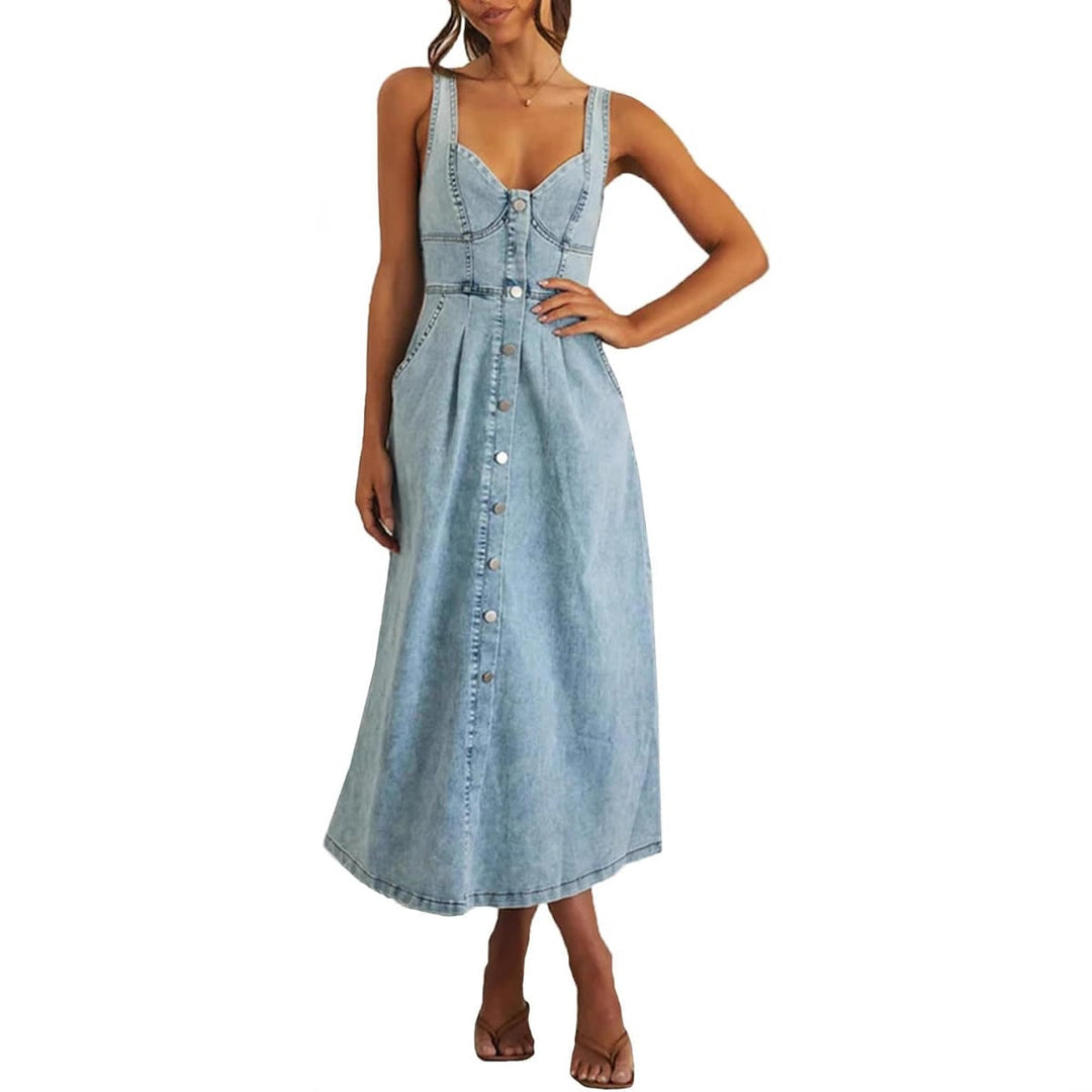 Woman wearing a sleeveless light blue button-front denim dress, front view