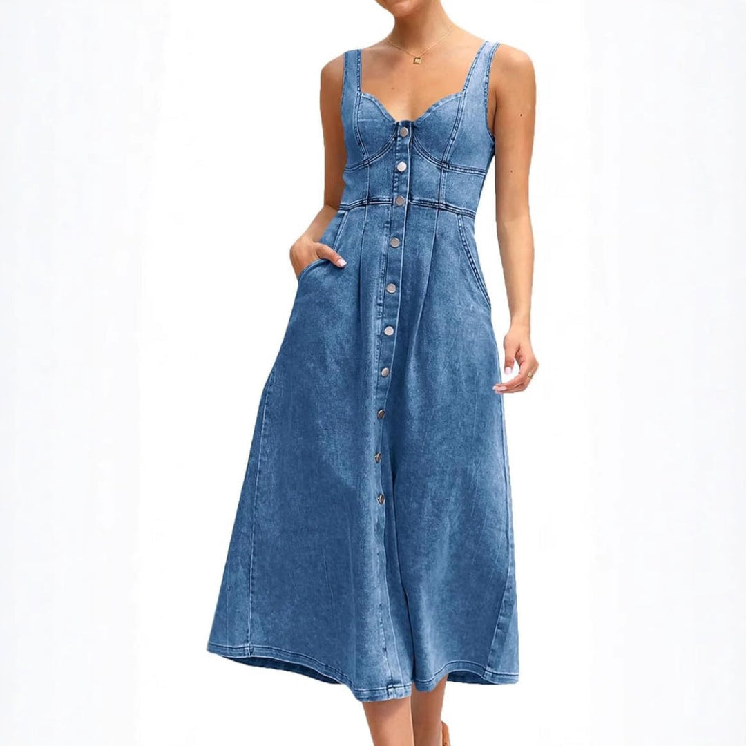 Close-up detail of button-front closure on a classic denim dress in light blue