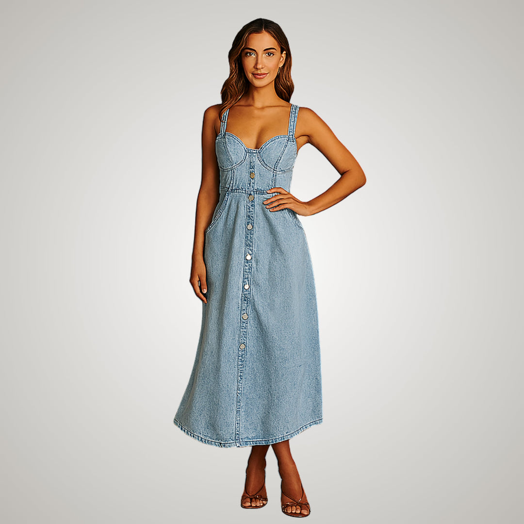 Flat lay of a dark blue sleeveless denim dress on a neutral background