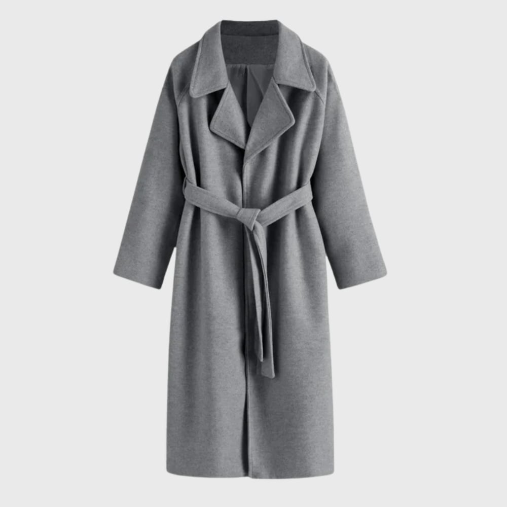 Close-up of the overcoat's pocket and belt detail in deep grey premium fabric