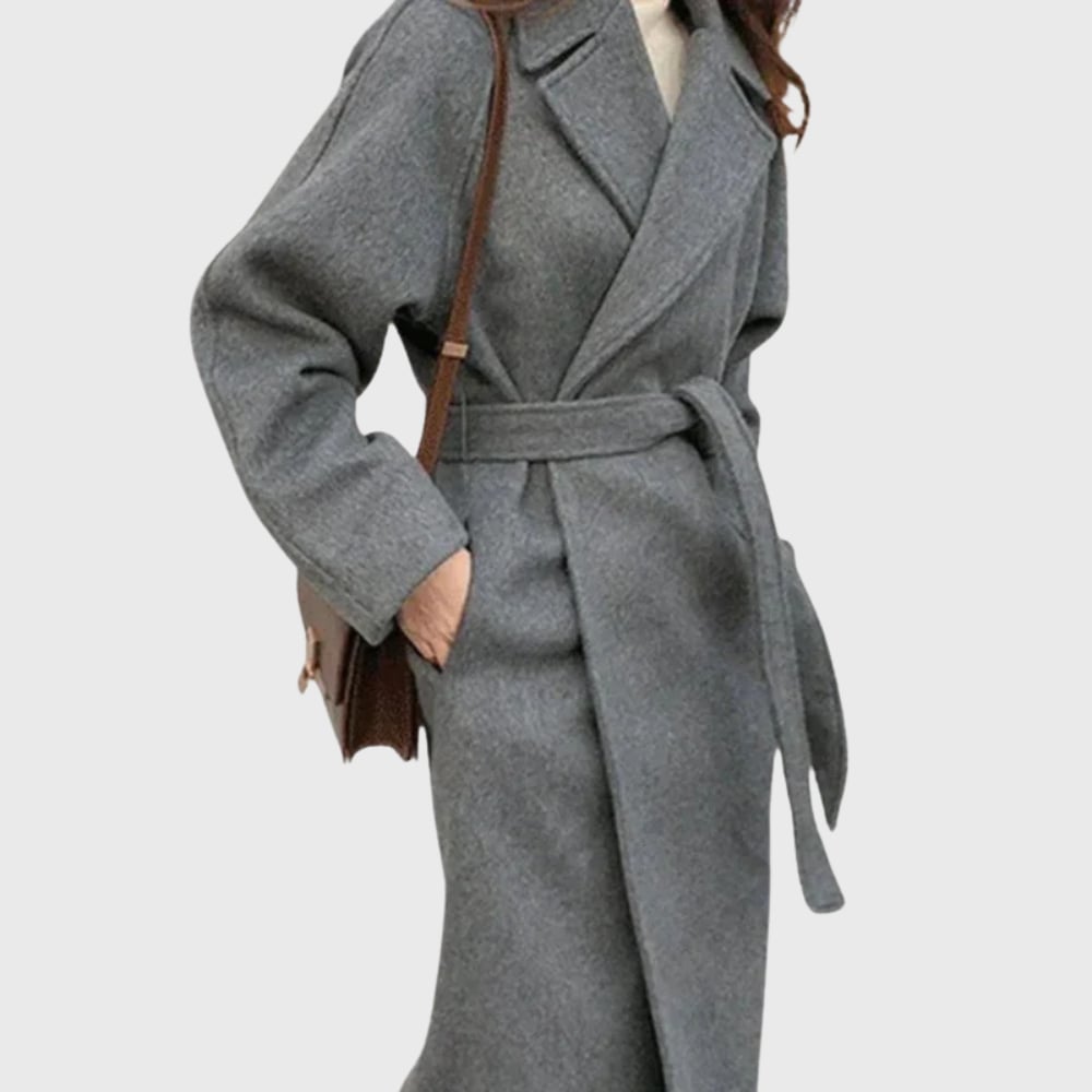 Flat lay of the belted overcoat in brown showing full length and sleeve details