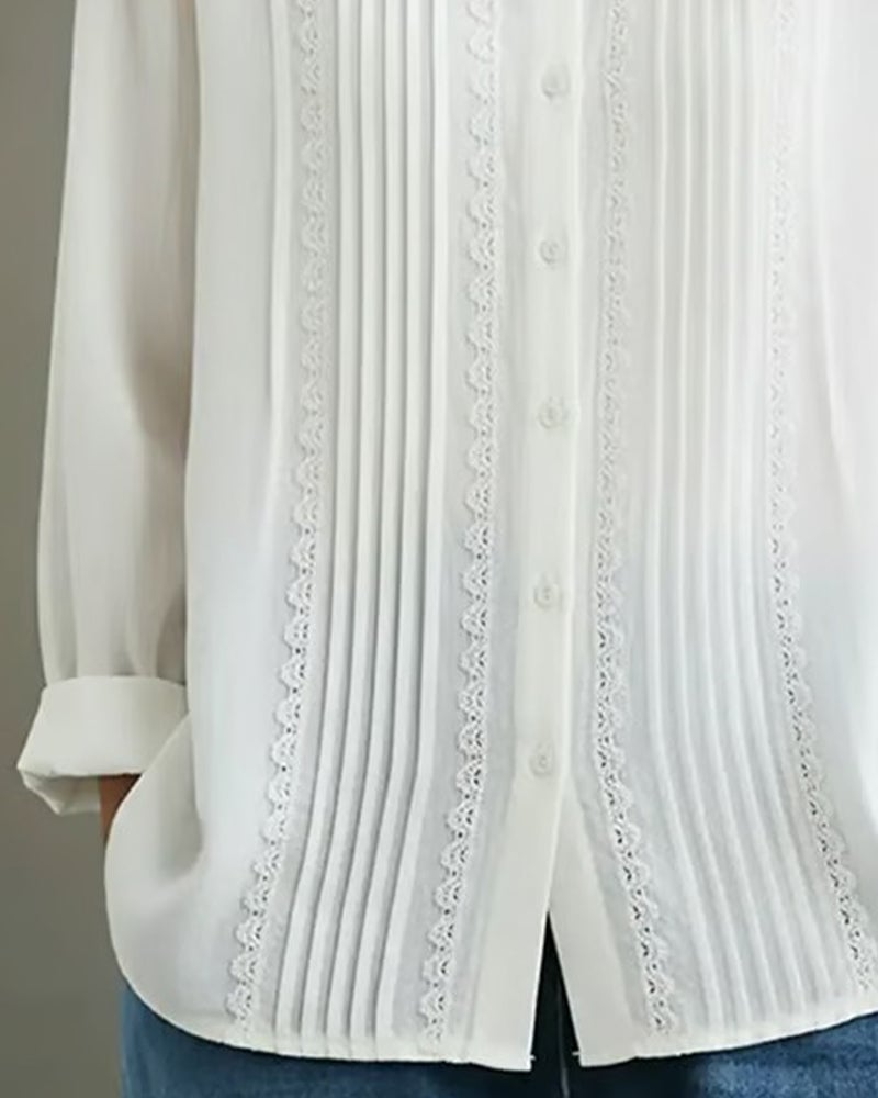 Flat lay of all five color options of the Claire lace trim blouse: white, light blue, blue, purple, and beige