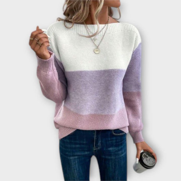 Full-length view of the Clara comfortable sweater styled with bottoms, available in Green, Brown, and Purple