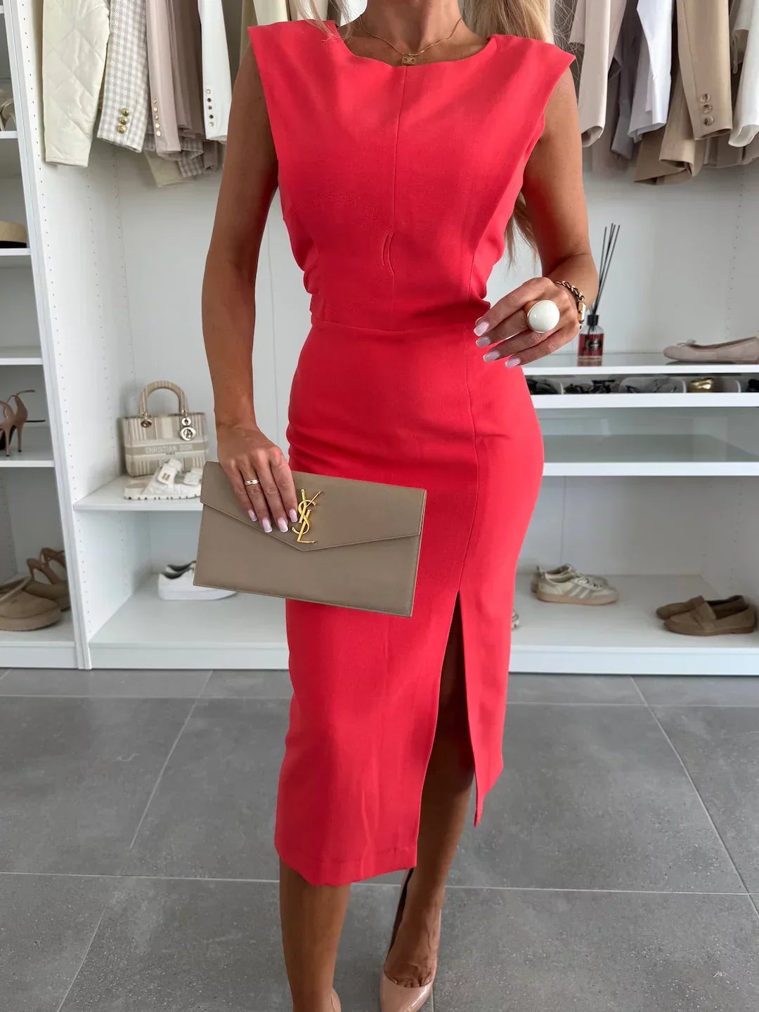 Clarice midi dress in beige, full-length view showing the midi silhouette and overall drape