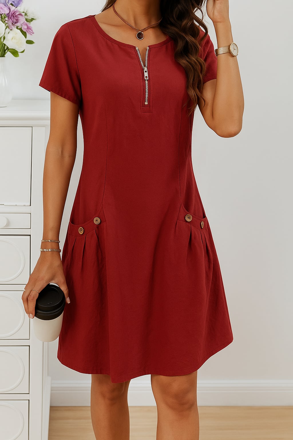 Green relaxed-fit summer dress with charming button details, modeled in an outdoor setting