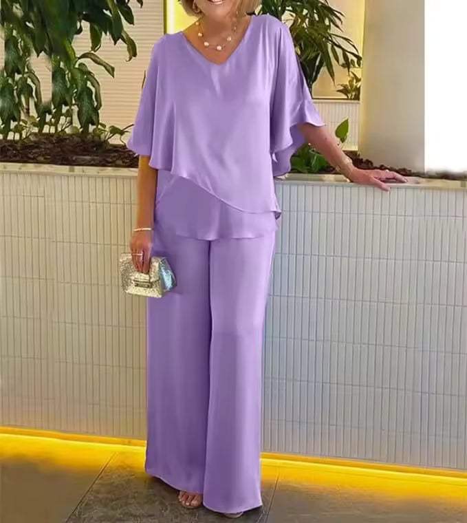 Close-up detail of the Clarissa matching set showing soft, airy fabric drape and relaxed fit
