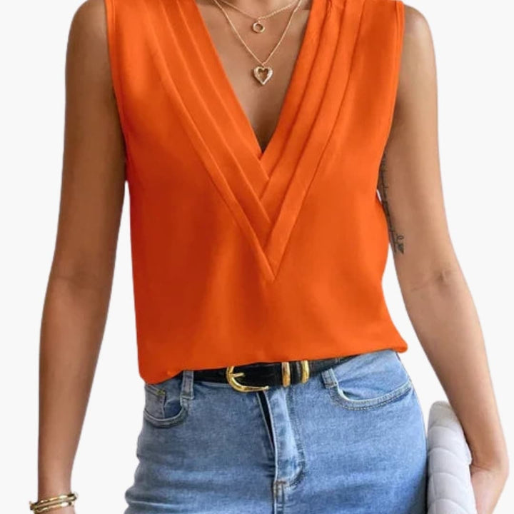 Clarissa V-neck blouse in a casual weekend outfit paired with jeans