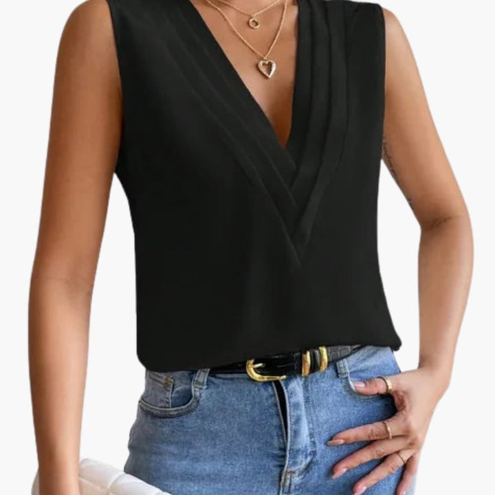 Clarissa sleeveless blouse displayed in multiple available colors including white, beige, green, orange, and black
