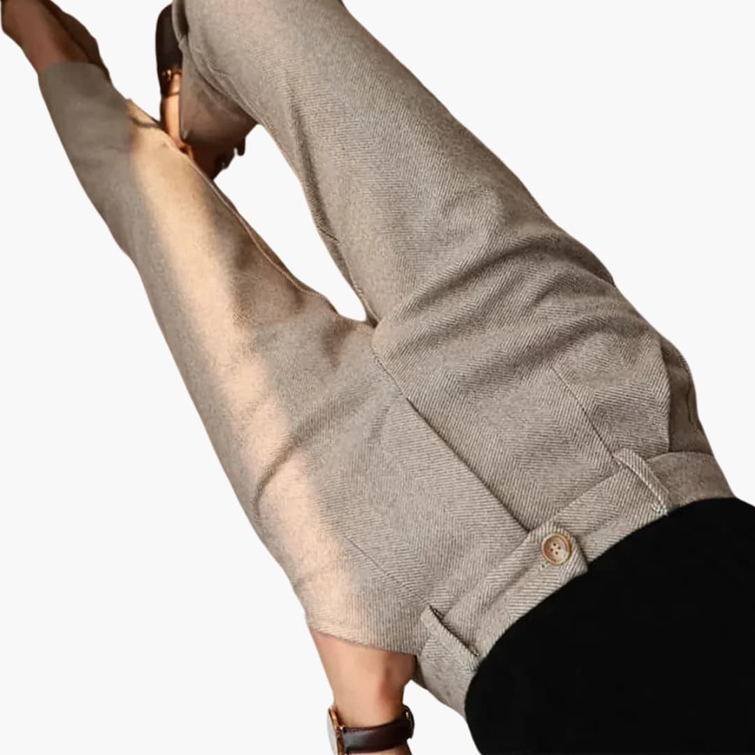Close-up front view of Clarisse tailored pants showing sleek minimalist design and clean tailored cut