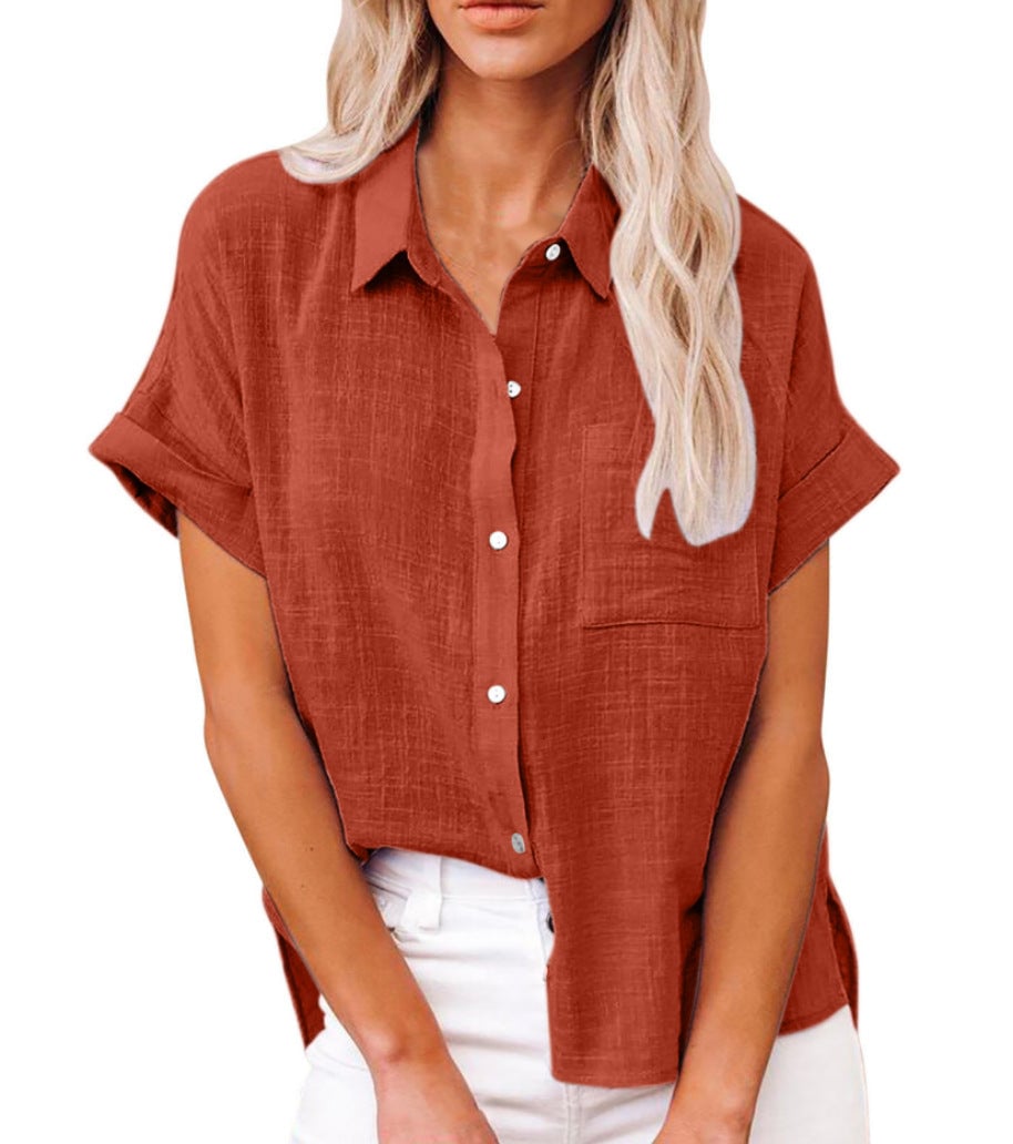 Claudia shirt in Royal Blue showing the short sleeve and relaxed drape