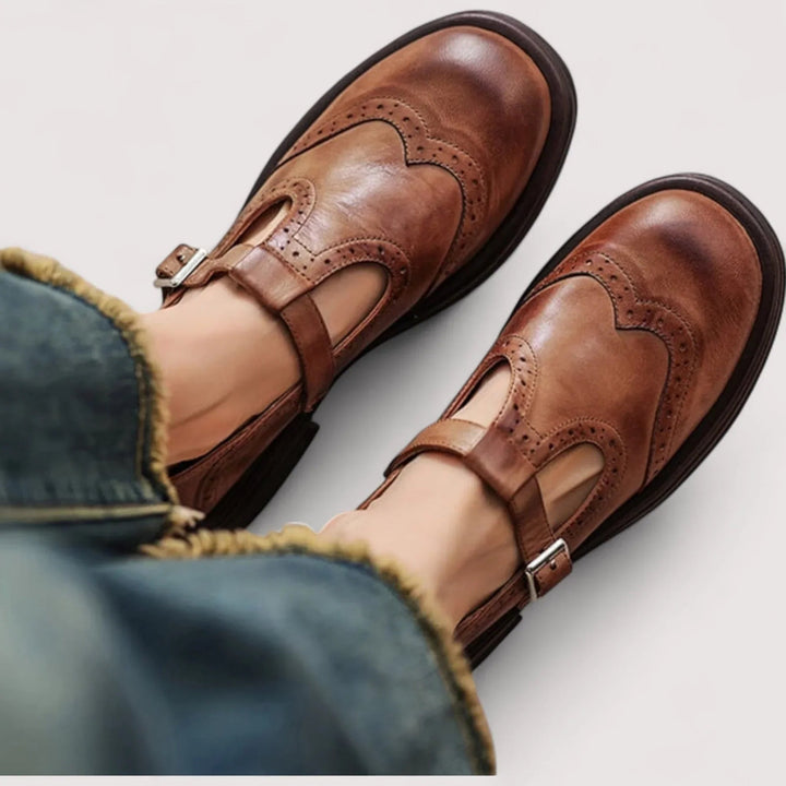 Claudia orthopedic Mary Jane shoes in brown with rounded toe and classic ankle strap, side view