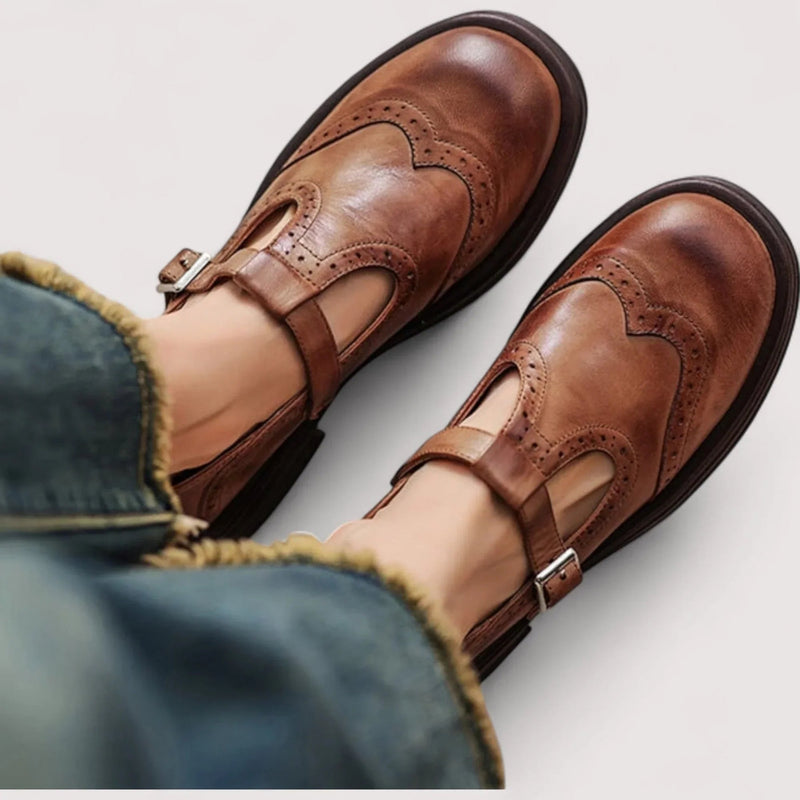 Claudia orthopedic Mary Jane shoes in brown with rounded toe and classic ankle strap, side view