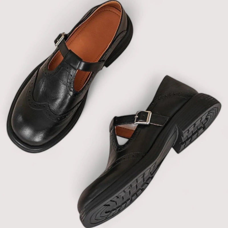 Claudia orthopedic Mary Jane shoes in black with rounded toe and classic ankle strap, side view