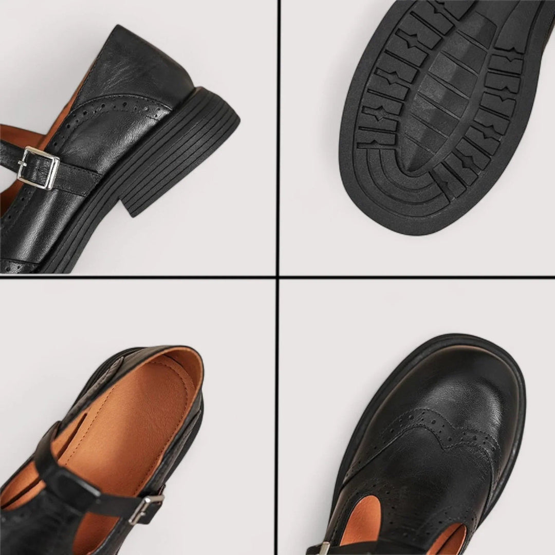 Lifestyle shot of the Claudia Mary Jane shoes in brown worn with a casual dress outfit