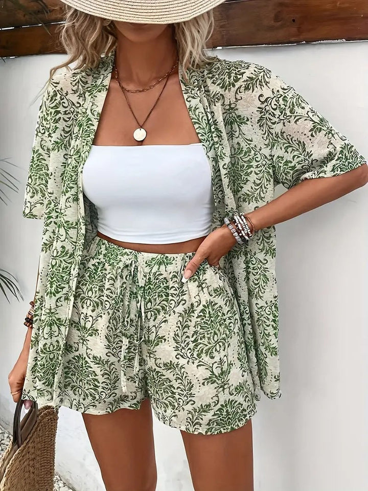 Front view of floral two-piece set in pink colorway